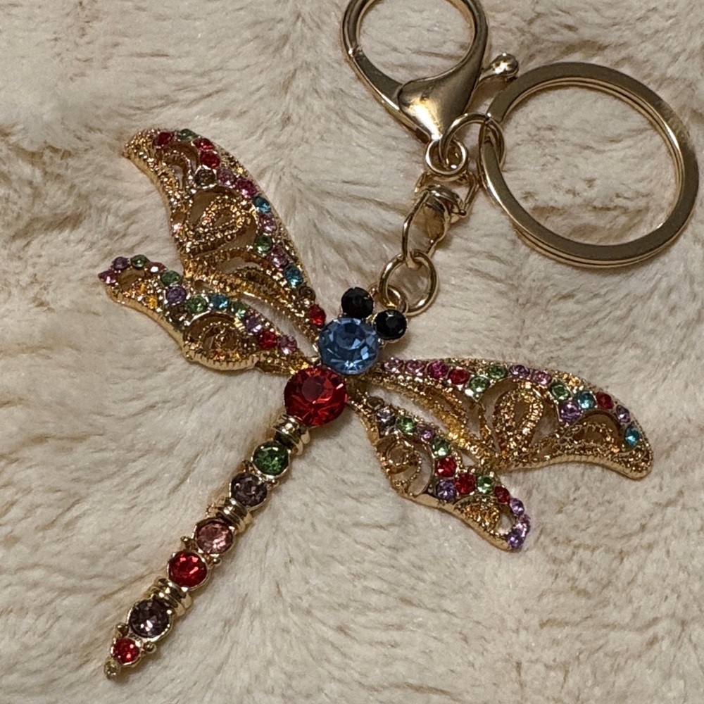 Gold Dragonfly Keychain with Multicolor Crystals - Picture 6 of 9